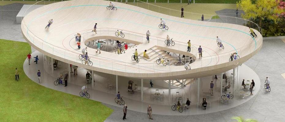 Fietsclub met wielerbaan als dak